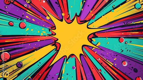 Colourful comic style background, purple, teal, yellow, red.