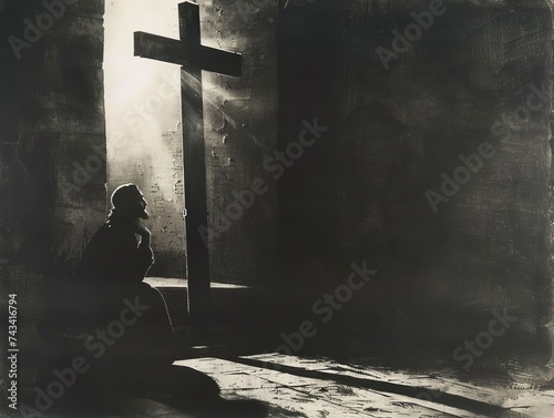 A figure bathed in dramatic shadow gazing upward in contemplation at a cross photo