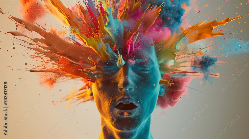 Head exploding with vivid colors symbolizing a burst of creativity in 3D clean visualization - obrazy, fototapety, plakaty 