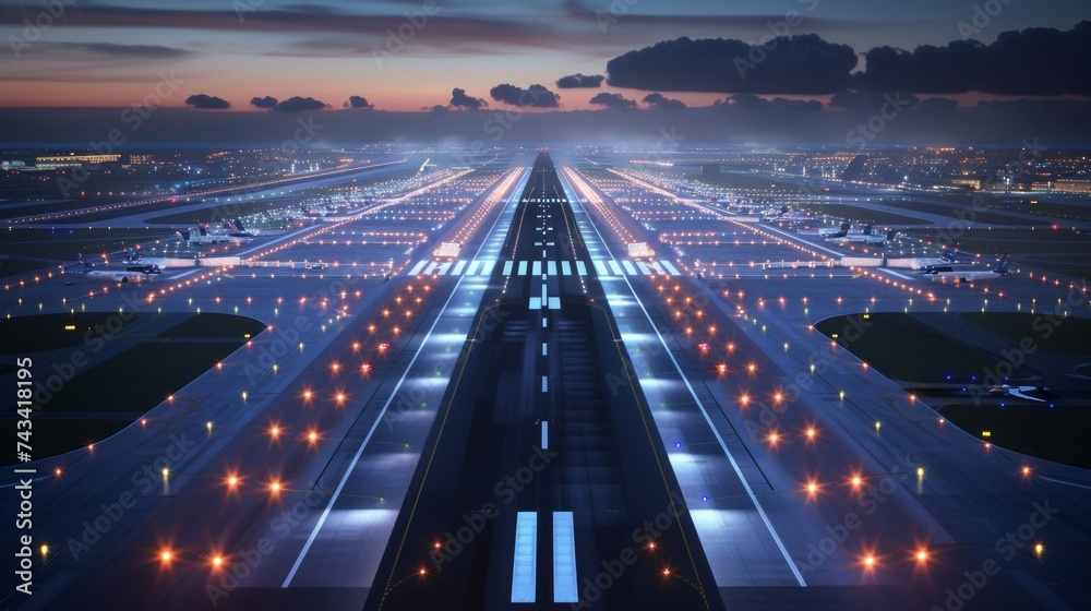 The runways and taxi lanes are lit up with an advanced lighting system guiding planes safely during takeoff and landing. These integrated airport systems utilize tingedge - obrazy, fototapety, plakaty 
