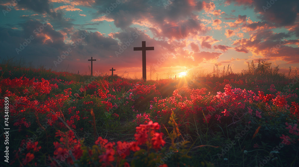 The sun rises, casting a warm glow behind a solitary cross on a dew-covered hill with flowers field, symbolizing hope and resurrection. - obrazy, fototapety, plakaty 