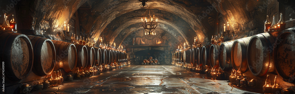 Vintage wine cellar with rows of wooden barrels, dim lighting, and stone architecture, ideal for winemaking themes.