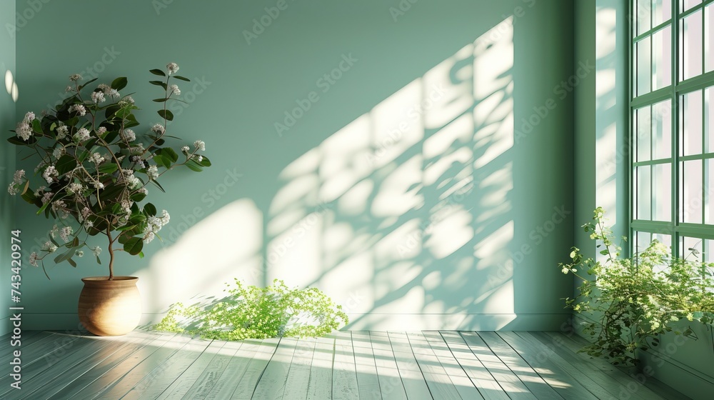 Refreshing mint interior with geometric sunlight and shadows. Empty wall mockup.