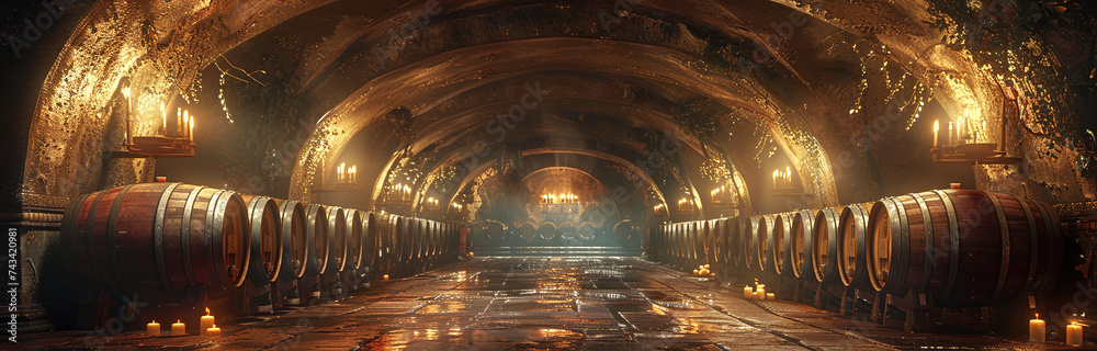 Obraz premium Vintage wine cellar with rows of wooden barrels and ambient lighting, creating a warm, rustic atmosphere.