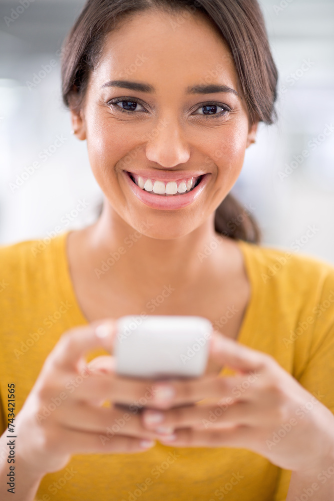 Happy, phone and portrait of woman in office networking on social media, mobile app or internet. Smile, technology and female person reading online email or text message on cellphone in workplace. Happy, phone and portrait of woman in office networking on social media, mobile app or internet. Smile, technology and female person reading online email or text message on cellphone in workplace.