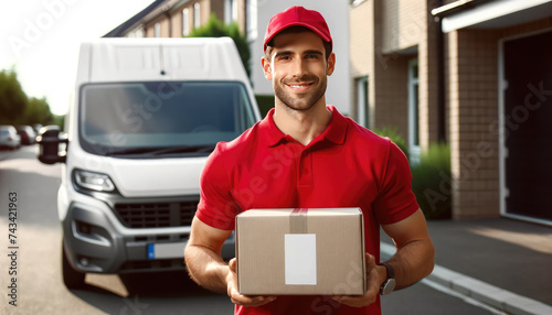 Friendly delivery man in red uniform smiling while holding a package with a delivery van and residential backdrop. © Preyanuch