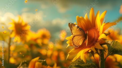 Butterfly alighting on a vibrant sunflower, its wings shimmering in the golden sunlight against the backdrop of blue sky © Andrii