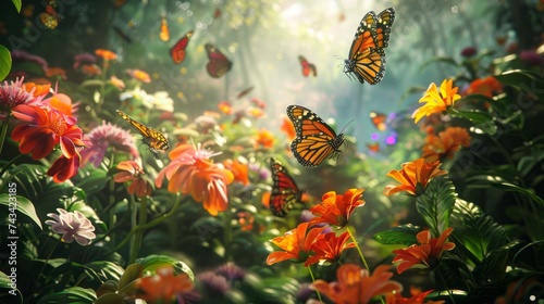 Garden with flowers and butterflies