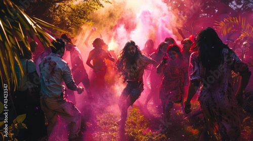 Group of friends, their faces smeared with bright colored powders during Holi festivities