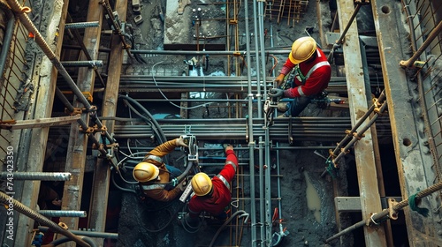Workers installing electrical wiring and conduits inside the walls of a building, laying the groundwork for lighting, power, and communication systems