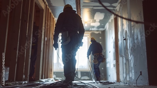 Workers installing electrical wiring and conduits inside the walls of a building, laying the groundwork for lighting, power, and communication systems photo