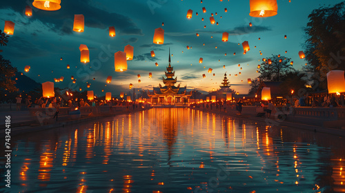 lanterns floating in the sky above a lake by the temle, Loi Krathong festival or Yi Peng in Thailand, Loy Krathong Holiday Thailand
