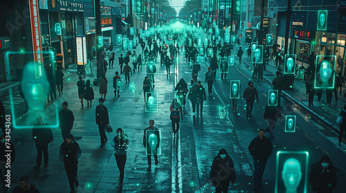 City Security Camera Surveillance Footage, Crowd of People Walking on Busy Urban City Streets. CCTV AI Facial Recognition Big Data Analysis Interface Scanning, control people