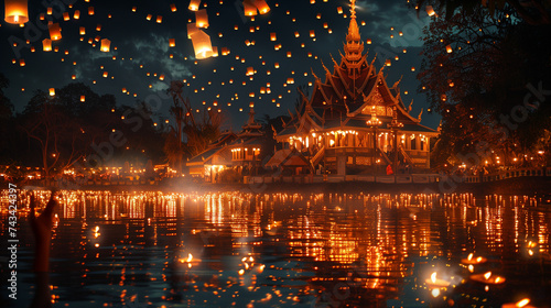 White paper lanterns floating in the sky  at nightabove a lake by the temle, Loi Krathong festival or Yi Peng in Thailand, Loy Krathong Holiday Thailand photo
