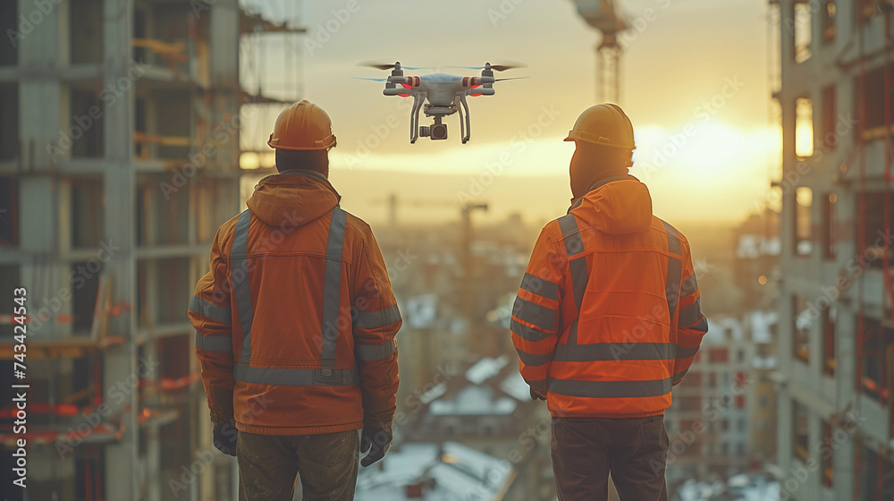 Engineer Specialists Use Drone on Construction Site. at sunset - obrazy, fototapety, plakaty 