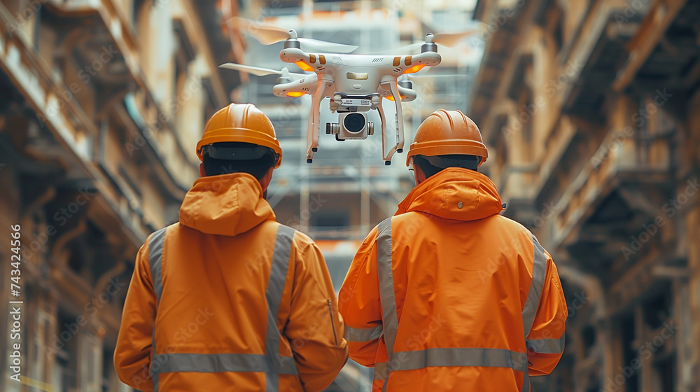 Engineer Specialists Use Drone on Construction Site. Architectural Engineer and Safety Engineering Inspector Fly Drone on Building Construction Site  - obrazy, fototapety, plakaty 