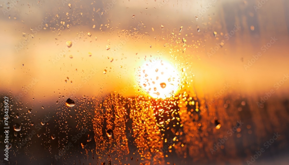 The blurred texture of the setting sun in the city through a window with drops from the rain