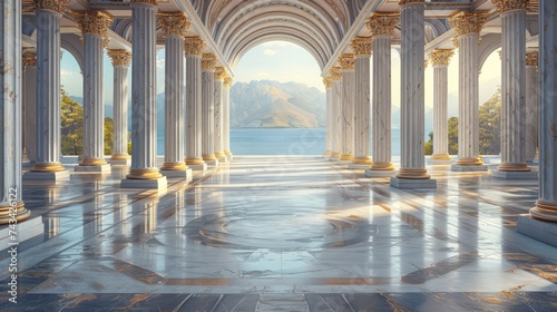 Ancient greek architecture with pillars and a classical marble interior photo