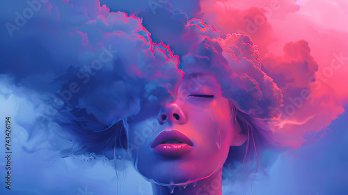 Woman with her head in the clouds - conceptual dreamy image photo