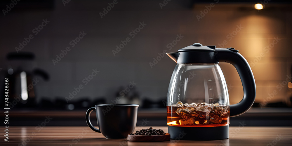 Cup and teapot on a table in a café, drink, cup of tea, coffee, home, breakfast Cup and teapot on a table in a café, drink, cup of tea, coffee, home, breakfast