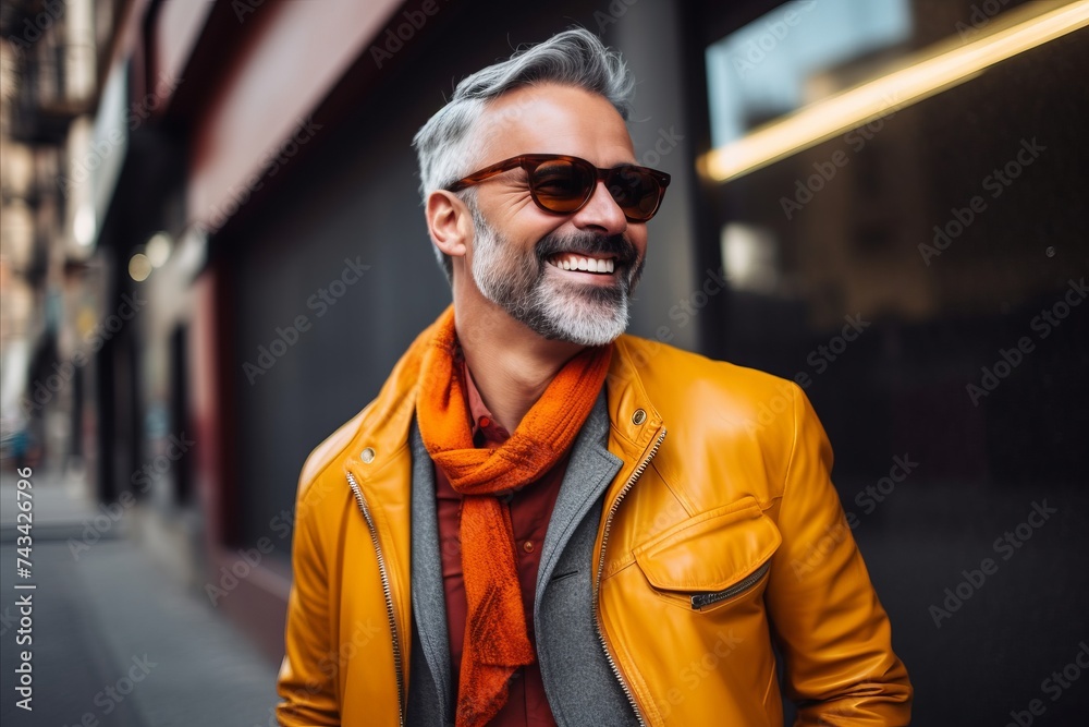 Portrait of a handsome middle-aged man in sunglasses and a yellow jacket. Portrait of a handsome middle-aged man in sunglasses and a yellow jacket.