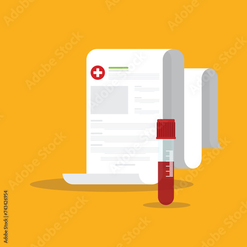 Blood analysis. Blood test. Medical research report with medical sample in a glass tube.	