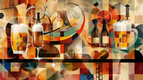 The familiar sights and sounds of Oktoberfest are depicted in this abstract background bringing together elements of beer food and cultural traditions for a truly unique design. photo