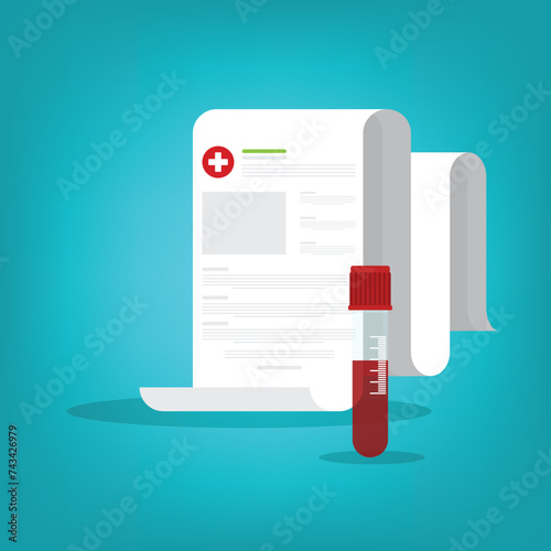 Blood analysis. Blood test. Medical research report with medical sample in a glass tube.	