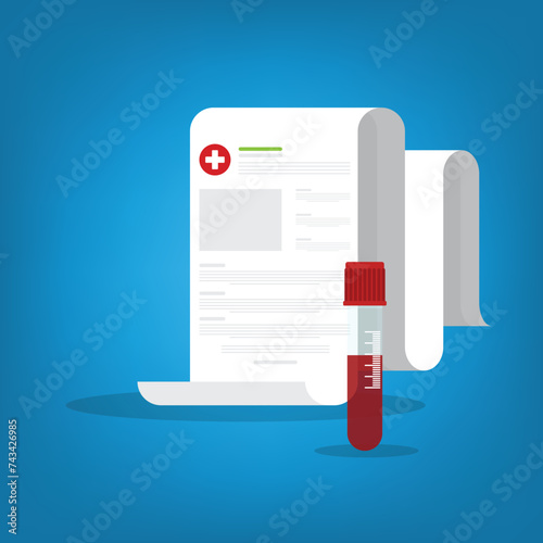 Blood analysis. Blood test. Medical research report with medical sample in a glass tube. 