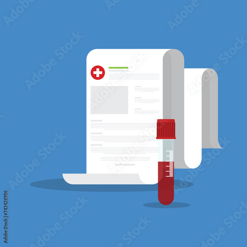 Blood analysis. Blood test. Medical research report with medical sample in a glass tube.	