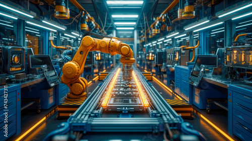 Industrial robot arms working in factory production line. Concept of artificial intelligence for industrial revolution and automation manufacturing process photo