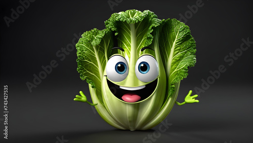 a cartoon character with funny face vegetable escarole on black background