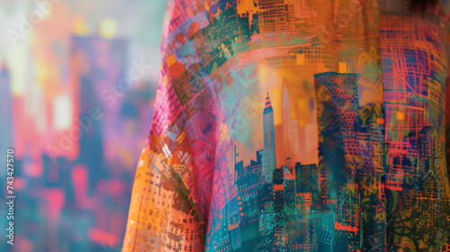 A flowy tunic top with a mosaicinspired print reflecting the diversity and complexity of a citys cultural landscape against a backdrop of an abstract skyline.