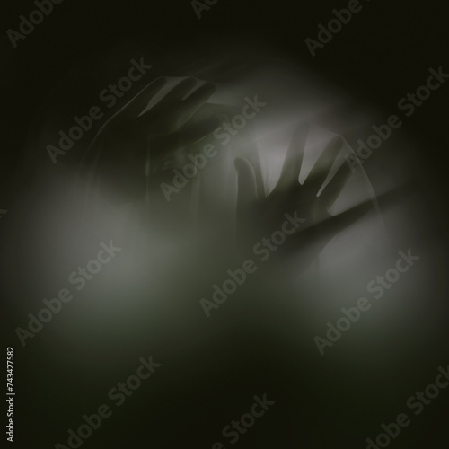 Ghost, sheet and hand for scary horror or late night in dark with or halloween or paranormal silhouette, black background or creepy. Apparition, shadow and evil or supernatural mockup, escape or fear