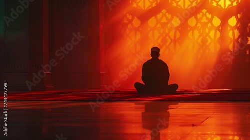 Silhouette of unrecognizable man praying. Ramadan Kareem background.