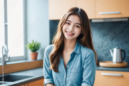 キッチンで前向きに微笑む美しいロングヘアの日本人女性 photo