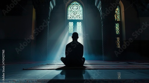 Silhouette of unrecognizable man praying. Ramadan Kareem background.