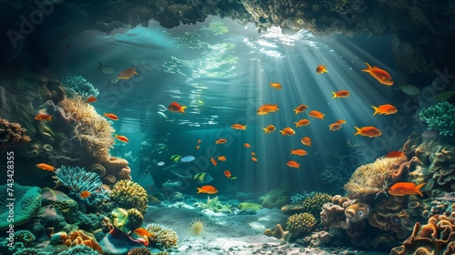 Clear underwater coral reef with golden fish swimming bathed in sunrays