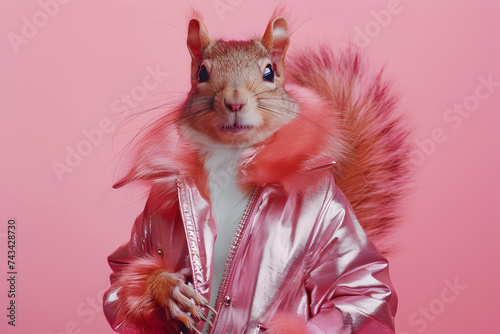 Anthropomorphic Squirrel Model in Sequin Mask and Metallic Outfit on Monochrome Backdrop - High Fashion Studio Shot photo