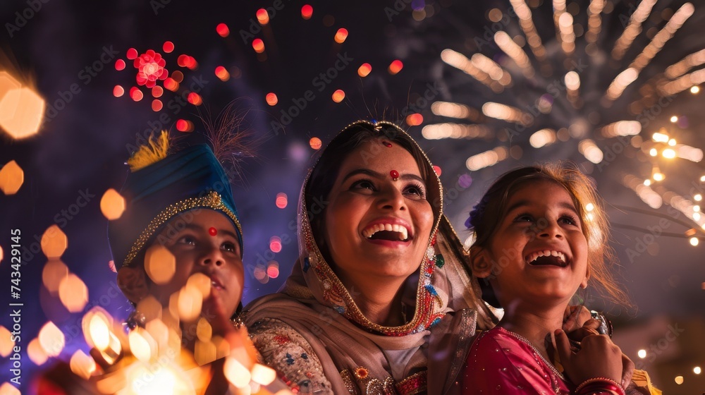 A mesmerized Indian family in festive attire watches fireworks light up the sky during the Diwali celebration.