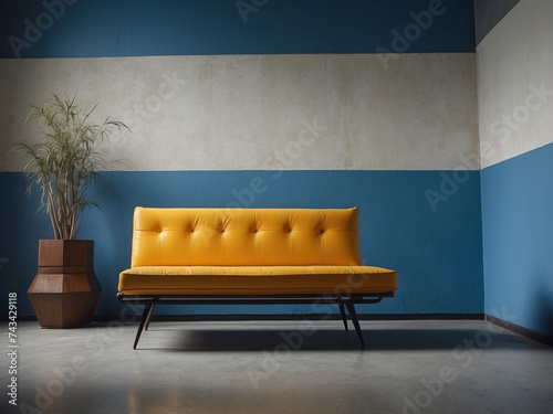Yellow Leather Midcentury Daybed Against Blue Cement Wall © Saktanong