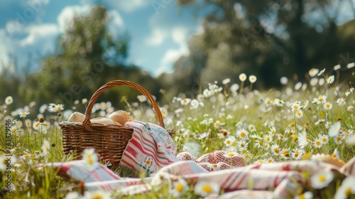 A picnic basket rests on a ...