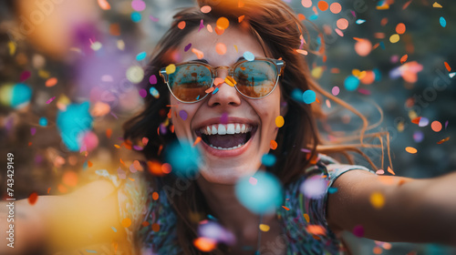Joyful woman with confetti and sunglasses.