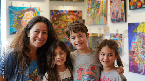 A smiling mother poses with her three children in front of vibrant paintings at an art show, reflecting a fun and educational family experience.