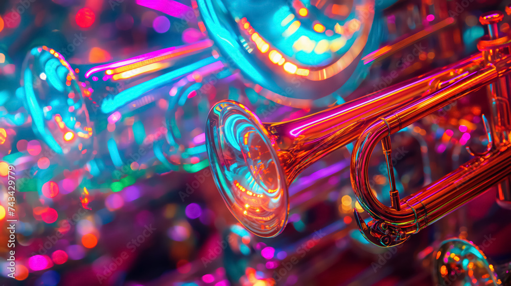 Glowing trumpet in neon lights.