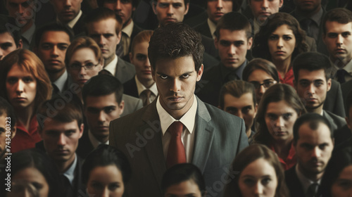 Man stands out in a crowd of people.