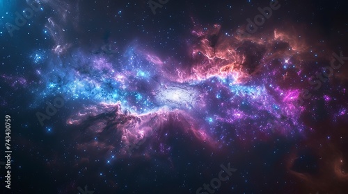 Cosmic galaxy nebula in shades of purple, blue, and pink against a black sky.