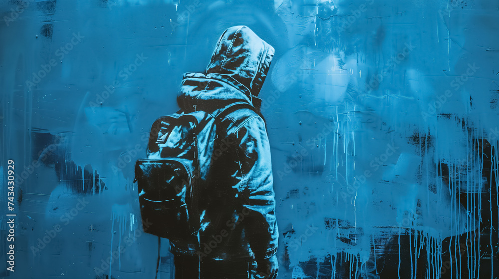 Hooded figure on blue backdrop. Hooded figure on blue backdrop.