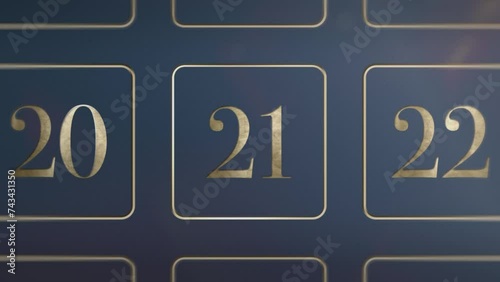 Door number 21 twenty one opening calendar reveal, updateable green screen revealing transition sting, 3D gold xmas festive golden numbered doors shiny video, Christmas Advent Calendar animation photo