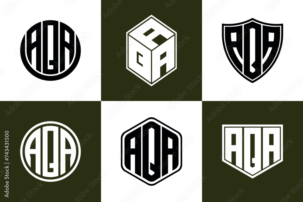AQA initial letter geometric shape icon logo design vector. monogram, letter mark, circle, polygon, shield, symbol, emblem, elegant, abstract, wordmark, sign, art, typography, icon, geometric, shape